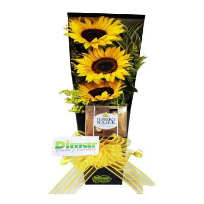 Caja con girasoles y chocolates